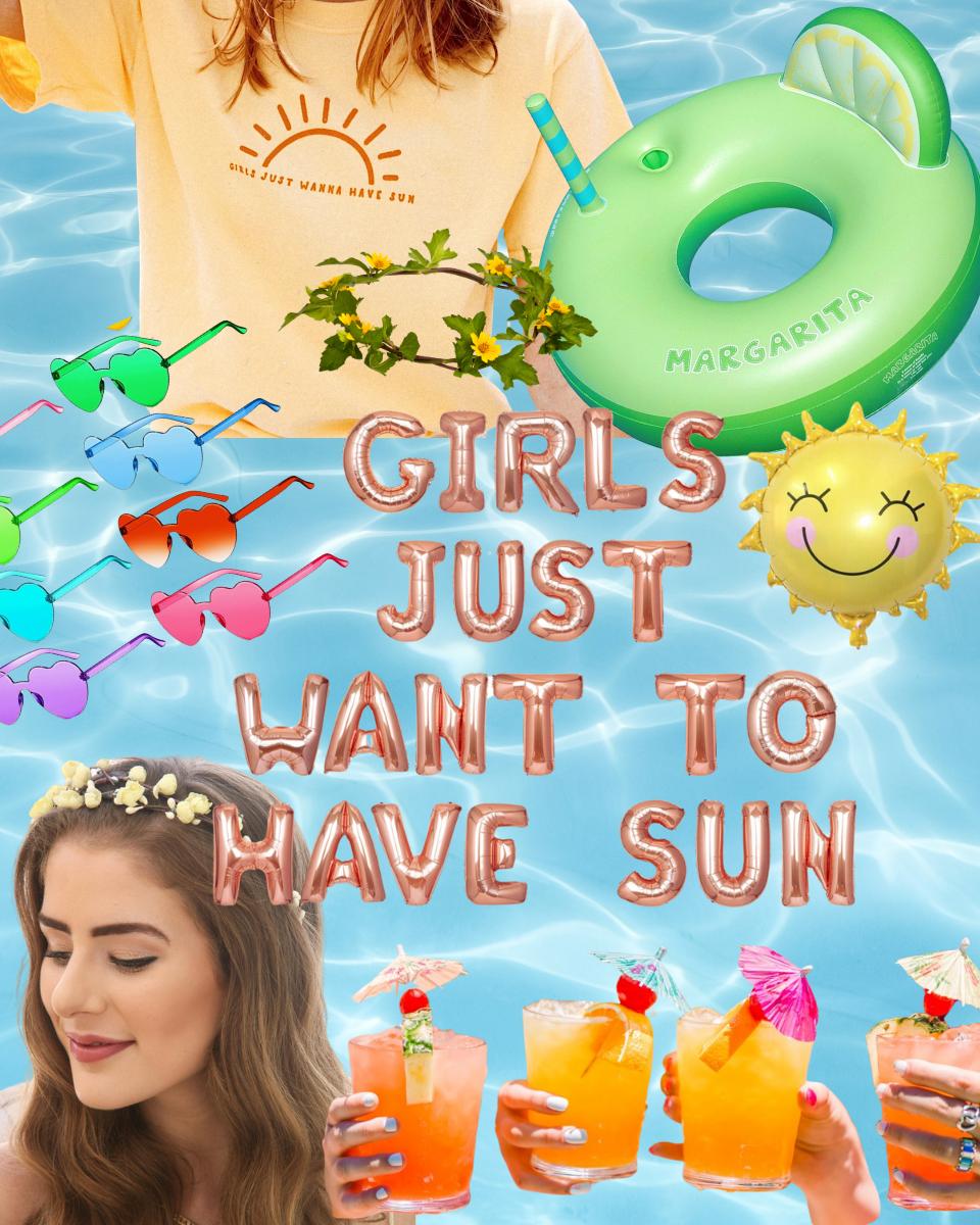 party decor, outfits, and activity ideas for a girls just want to have sun bachelorette party theme